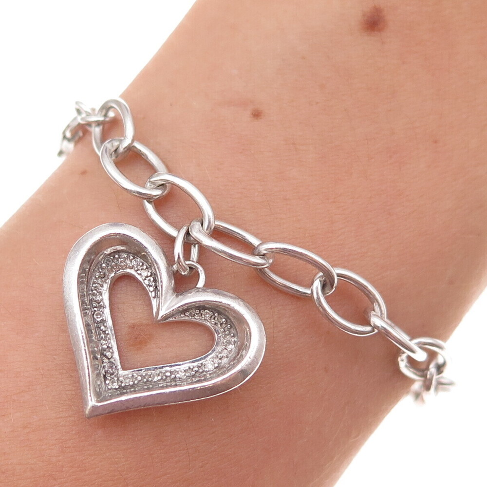 925 Sterling Silver Vintage Dangle Heart Oxidized Oval-Link Bracelet 7"
